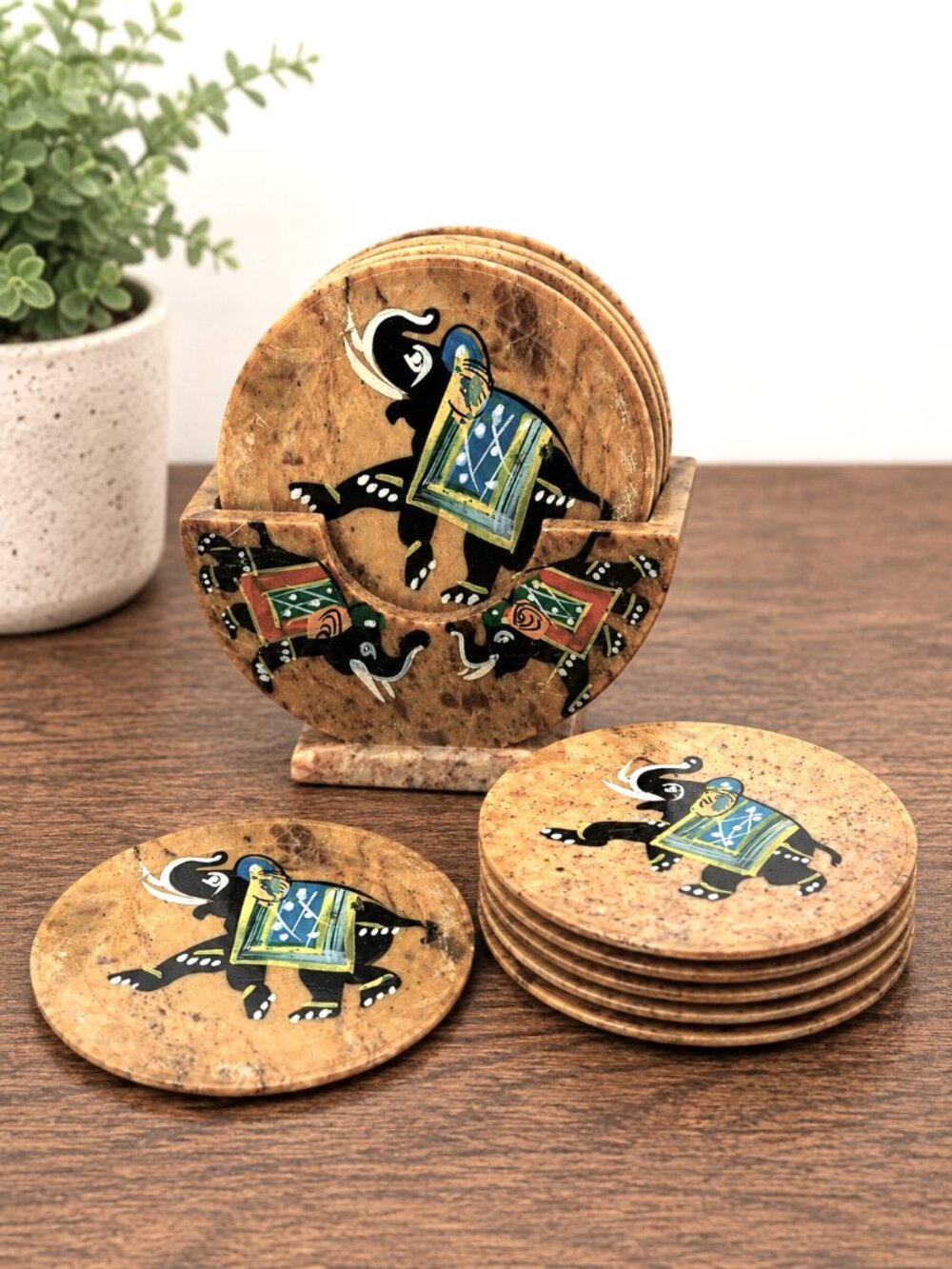 Vintage India Soapstone Elephant Coasters Set 6 Hand Painted Holder Boho Decor